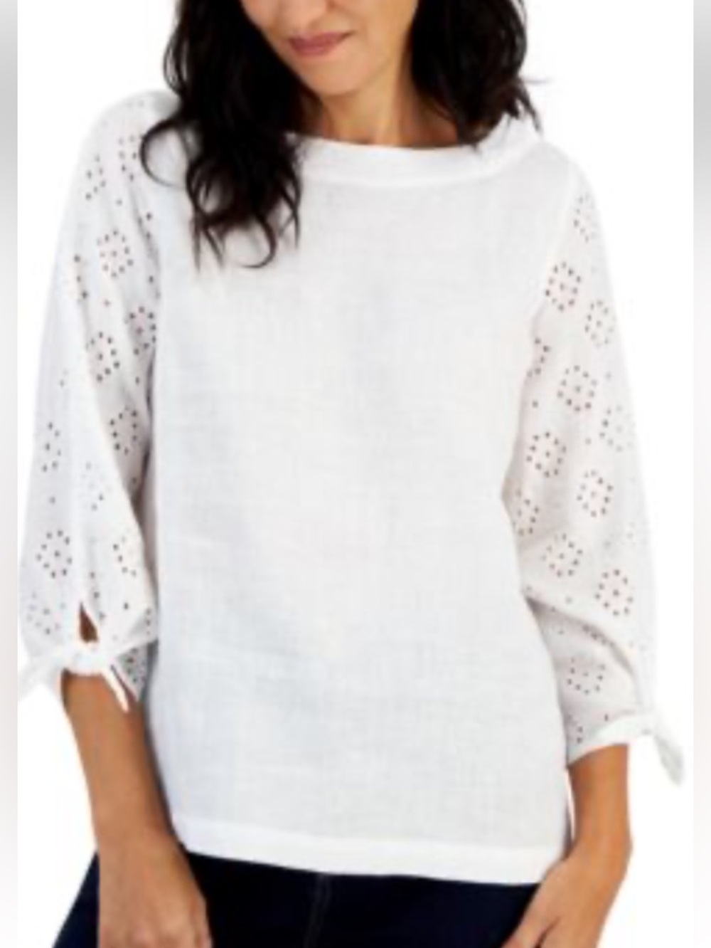 New 100% Linen Charter Club luxury White Eyelet Tie Sleeve Blouse Size P M - Picture 4 of 9